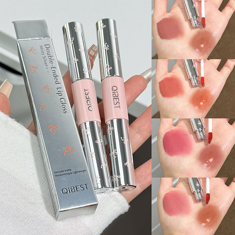 Lip Tint Korean - QIBEST ลิปสติกเนื้อแมตต์กำมะหยี่แบบสองหัวและลิปกลอสเนื้อฉ่ำ ติดทนนาน สีนู้ดส้ม ลิปเกลซ เครื่องสำอางเกาหลี